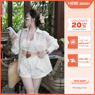 Set 3 Món Livia Đi Biển Sang Xịn Hot Trend, Bộ Đồ Áo Bra Dây Kèm Áo Khoác Ren Thêu Phối Quần Short Nữ Tính HeBe Boutique