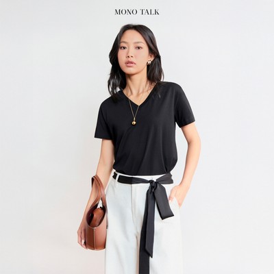 Áo phông cổ tim tay cộc, dáng relax, chất thun cotton co giãn bốn chiều Mono Talk - MFOT25Y-T60002FT
