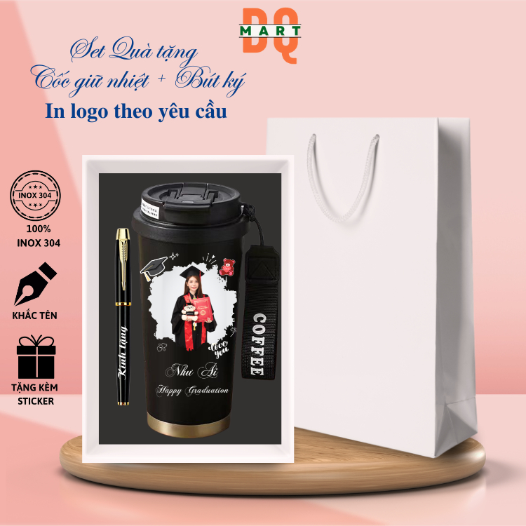 Giftset DQMart-Bộ quà tặng + Bình giữ nhiệt + bút ký-in hình khắc tên theo yêu cầu,văn phòng,thầy cô