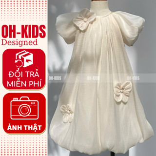 Váy Bé Gái Trắng Kem Voan Dáng Bí Tay Bồng Đính Hoa 3D Siêu Xinh Mặc Đi Biển, Đi Chơi – OH KIDS OH07
