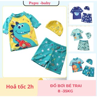 Bikini bé trai 4 màu+mũ cho bé đi biển in hình khủng long