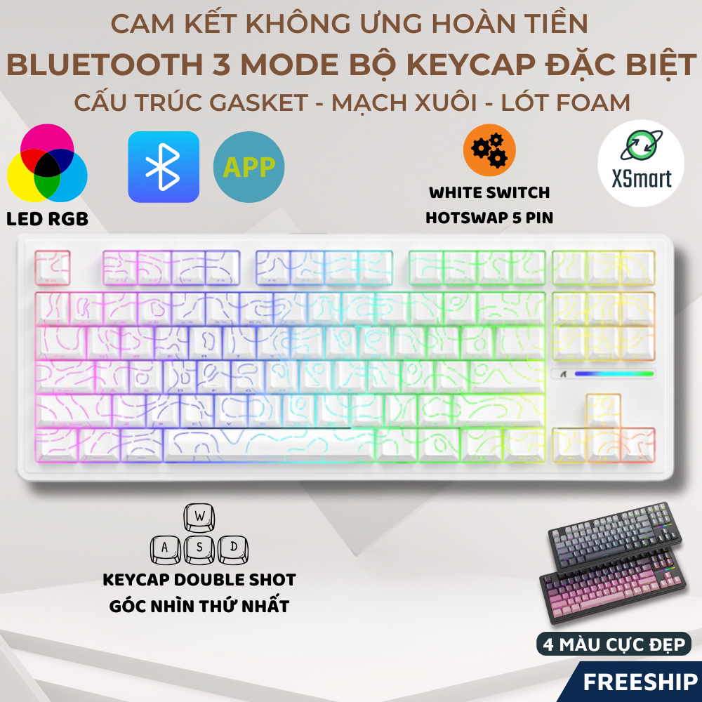Bàn Phím Cơ Gaming Không Dây Bluetooth XM87 V2 PRO NEW 2025 LED RGB Pro Keycap Xịn, White Switch, Hotswap, 3 Mode