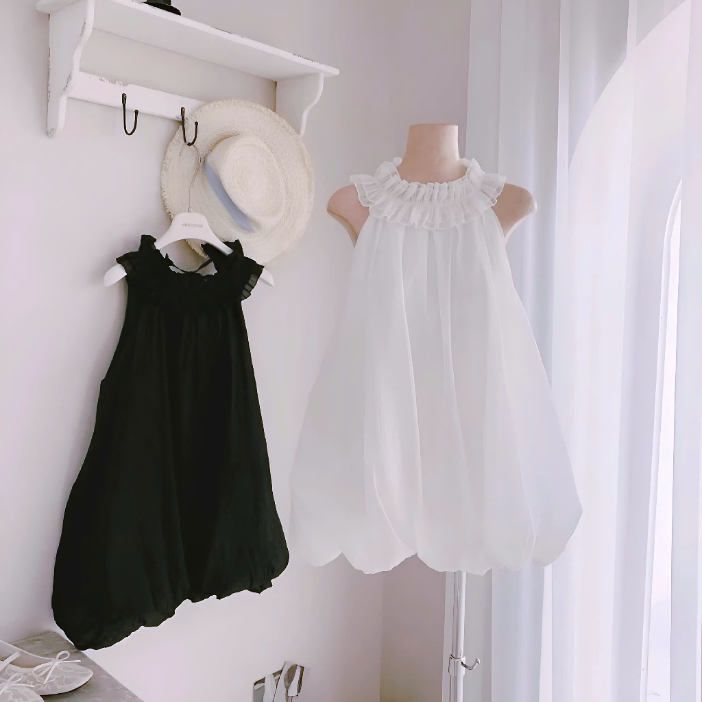 Đầm Cổ Yếm Phối Bèo Chất Liệu Tơ Hàn Dáng Xuông Xoè Phồng Tặng Kèm Quần Trong | BigBuy360 - bigbuy360.vn