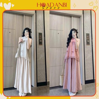 Set Áo Tơ Cổ Yếm Hoạ Tiết 2 Lớp Mix Quần Suông Ống Rộng Giả Váy Siêu Xinh sẵn hàng kèm video