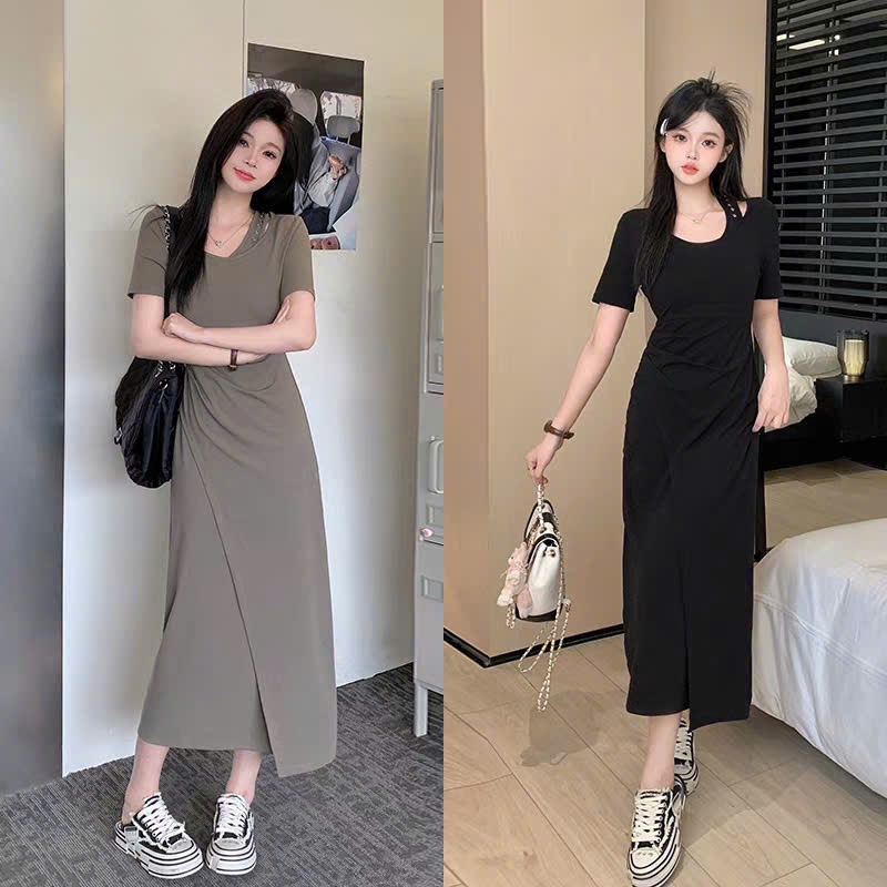 Váy Đầm Bigsize Cổ V Phối Dây Cách Điệu Nhún Eo Xẻ Tà