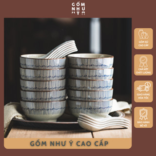 Bát ăn cơm sứ sọc xanh phong cách Nhật Bản, tô chén đĩa sứ dày dặn, an toàn, chịu nhiệt, decor