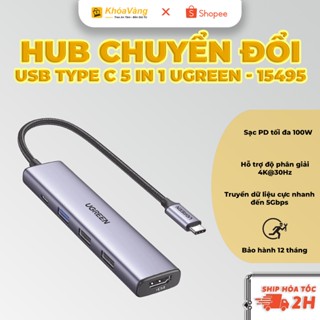 Hub chuyển đổi USB Type-C 5 in 1 ra HDMI 4K@30Hz| USB 2.0| USB 3.0| Sạc PD 100W| Ugreen - 15495 | Hàng chính hãng -BH18T