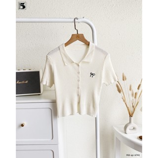 Áo len nữ Twentyfive dáng ngắn phối cổ sơ mi thiết kế cúc cài thêu nơ trước ngực 6741