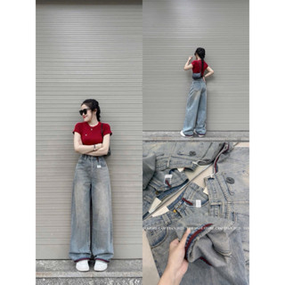 Quần Jeans Nữ Ống Rộng Lưng Cao màu Xanh Retro Phối Lai Đỏ Hách Dáng Quần Bò Nữ Ống Rộng Basic Jeans Mềm Cực Xinh