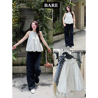 BARE_Áo Cổ Yếm Nữ Dáng Bí Trứng Phồng Freesize- Áo Babydoll Họa Tiết Kẻ Sọc Thiết Kế Độc Lạ_A593