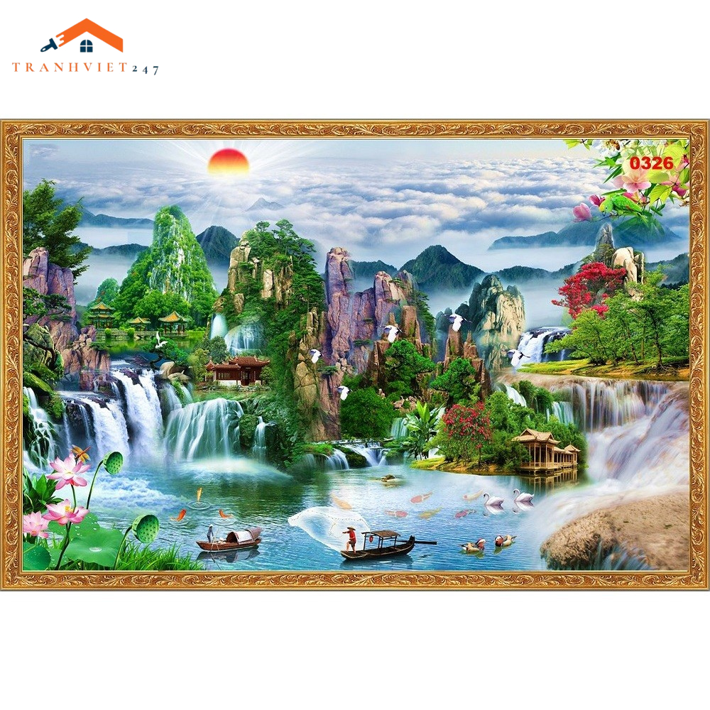 Tranh decal dán tường 3D phong cảnh sơn thủy hữu tình thác đổ phong thủy khung giả phào chỉ - TRANHV