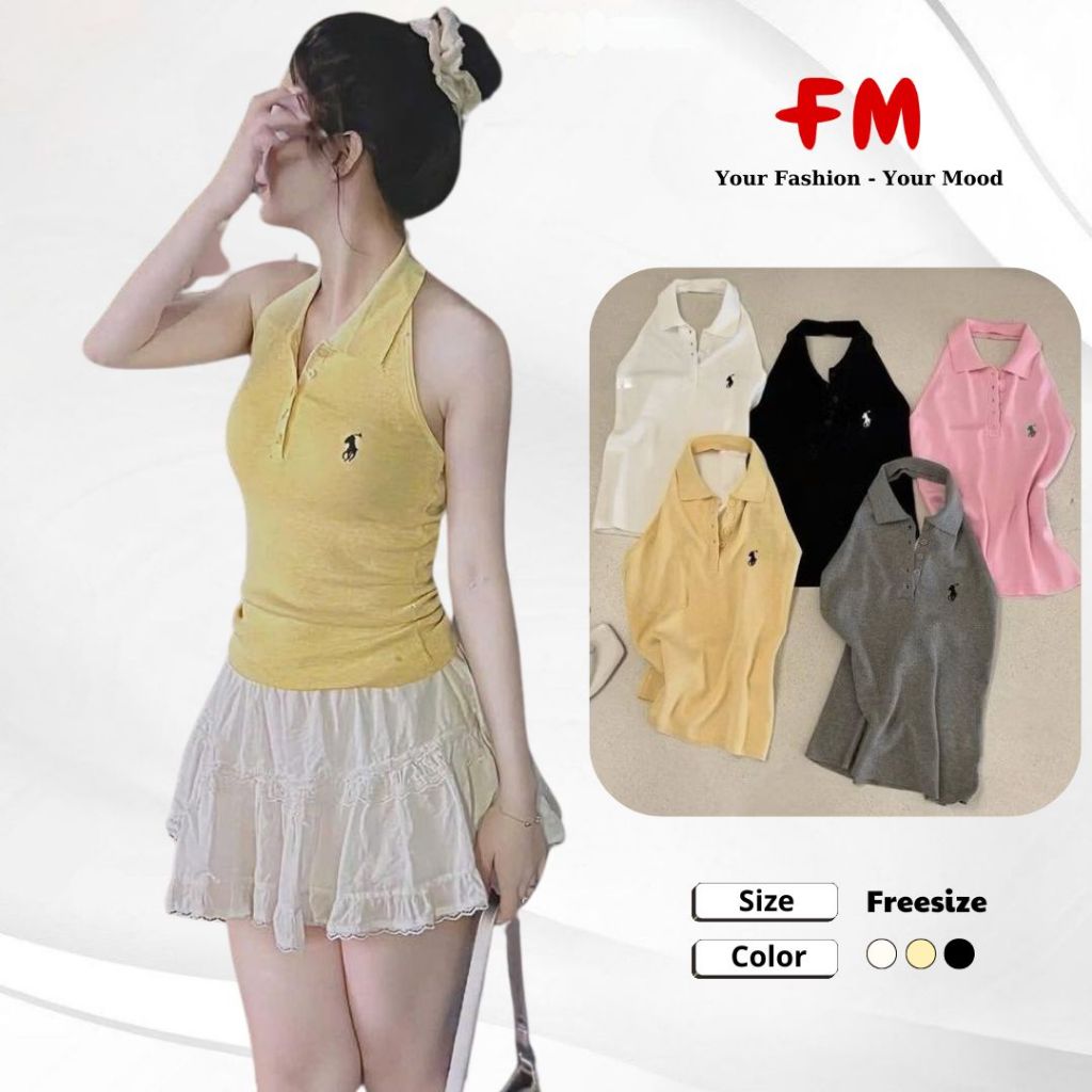 Áo Dệt Kim Sát Nách FMSTYLE cổ bẻ yếm 5nút thêu logo ngựa phong cách hàng quốc Freesize 25061524