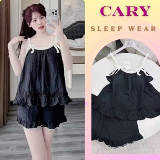 Bộ ngủ 2 dây bính đính nơ viền bèo cute set bộ đồ ngủ hai dây trơn chất đũi xốp mềm mát mặc nhà dễ thương bigsize CARY