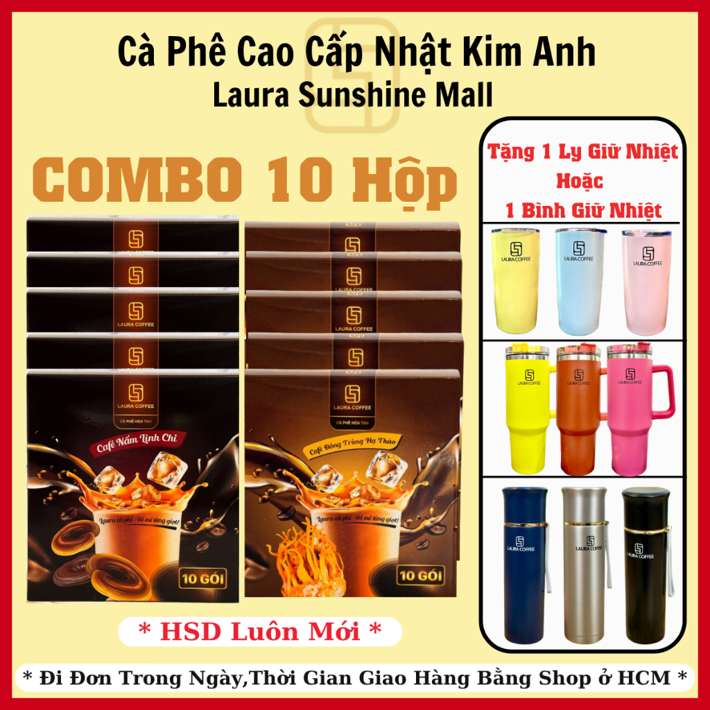 [ Combo 10 Hộp] Cà Phê Nhật Kim Anh Laura Coffee | Vị Đông Trùng Và Nấm Linh Chi