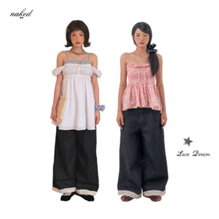 Quần bò ống rộng nữ NAKEDbyV quần denim jeans phối ren gấu LACE DENIM PANTS