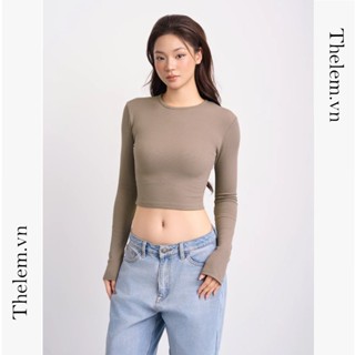 Áo croptop the Lem dài tay cổ tròn, áo thun tăm cotton tay dài trơn basic cho nữ ôm sát body