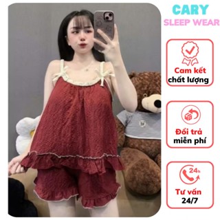 Đồ bộ ngủ hai dây bính đính nơ viền bèo mặc nhà mùa hè dễ thương, set đồ ngủ hai dây trơn chất đũi xốp thoáng mát CARY