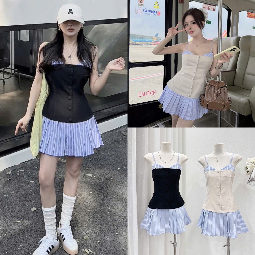 [Dây Váy Có Tăng Đơ]: Váy 2 Dây Ngực Phối 2 Mảnh Kẻ Xanh Phối Thân 2 Màu Đính Khuy Bọc, Chân Xếp Ly 