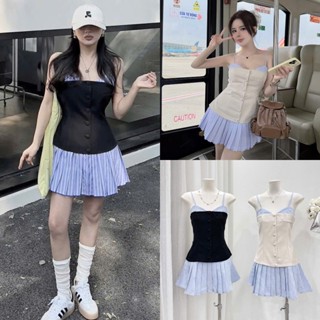 [Dây Váy Có Tăng Đơ]: Váy 2 Dây Ngực Phối 2 Mảnh Kẻ Xanh Phối Thân 2 Màu Đính Khuy Bọc, Chân Xếp Ly Cá Tính (Ảnh Thật)