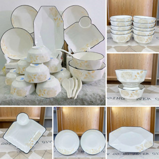 Bát đĩa lẻ món kim cương họa tiết hoa hồng hoàng kim Chén dĩa gốm sứ cao cấp chịu nhiệt