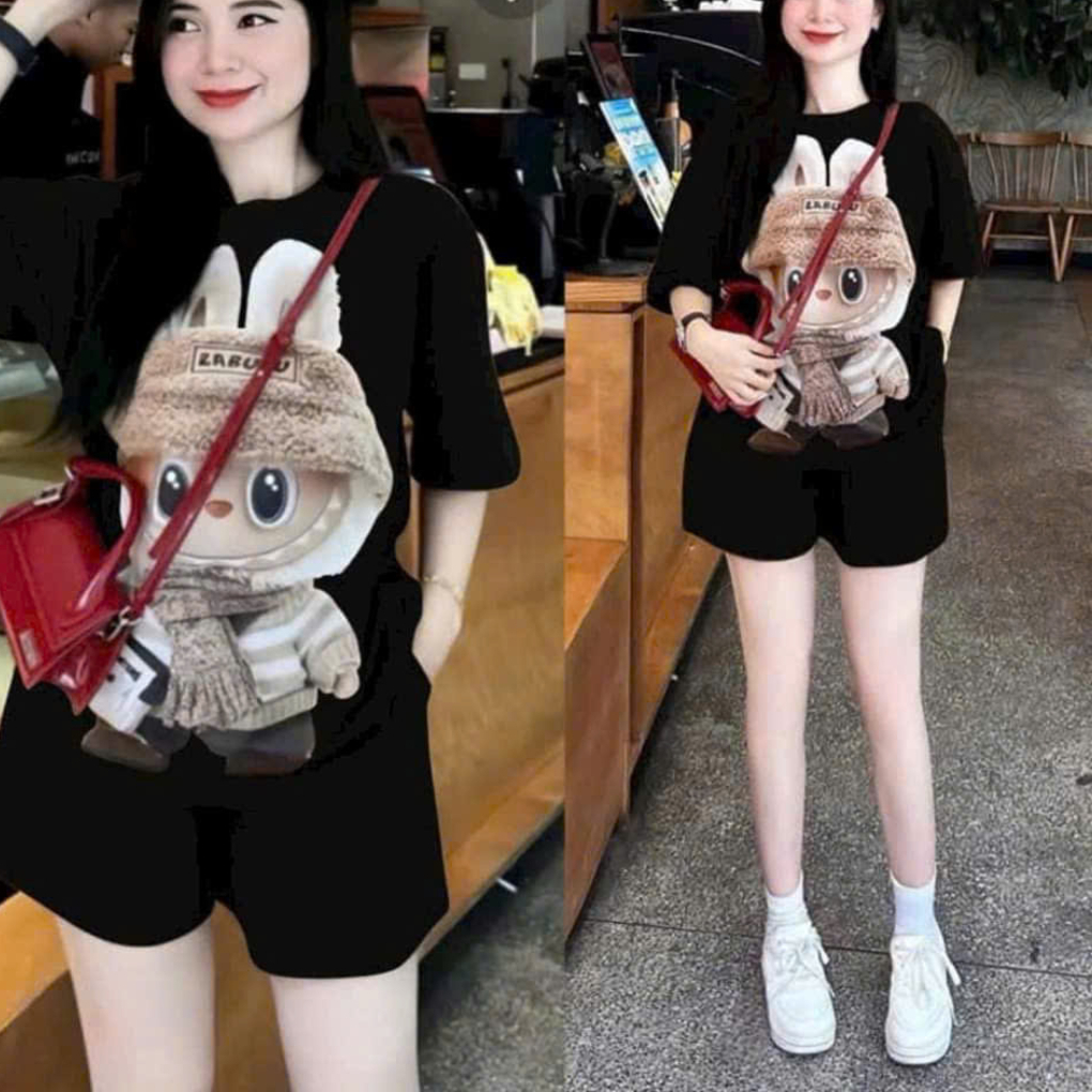 Set đồ nữ mặc nhà rẻ đẹp mùa hè bộ đùi nữ bộ quần áo nữ bigsize chất thun cotton in labuu đeo túi WQA042 | BigBuy360 - bigbuy360.vn
