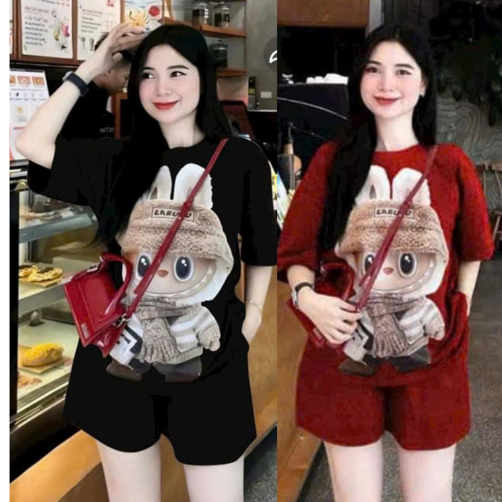 Set đồ nữ mặc nhà rẻ đẹp mùa hè bộ đùi nữ bộ quần áo nữ bigsize chất thun cotton in labuu đeo túi WQA042