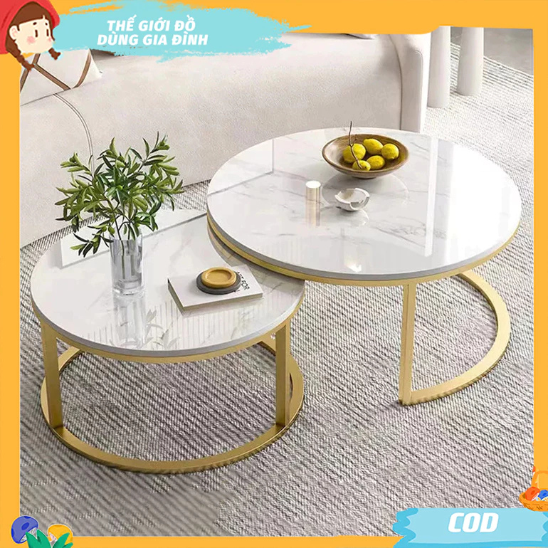 Bộ 2Bàn tròn Phòng Khách Bàn trà sofa phong cách Bắc Âu size70/50cm họa tiết vân đá Decor Sang Trọng