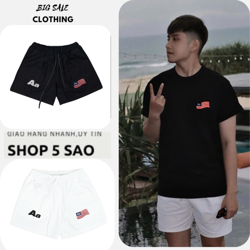 Quần Short Nữ Nam Kaki Thêu Aa Stu Lưng Chun Dây Dài chất liệu thoáng mát unisex mùa hè phong cách Streetwear