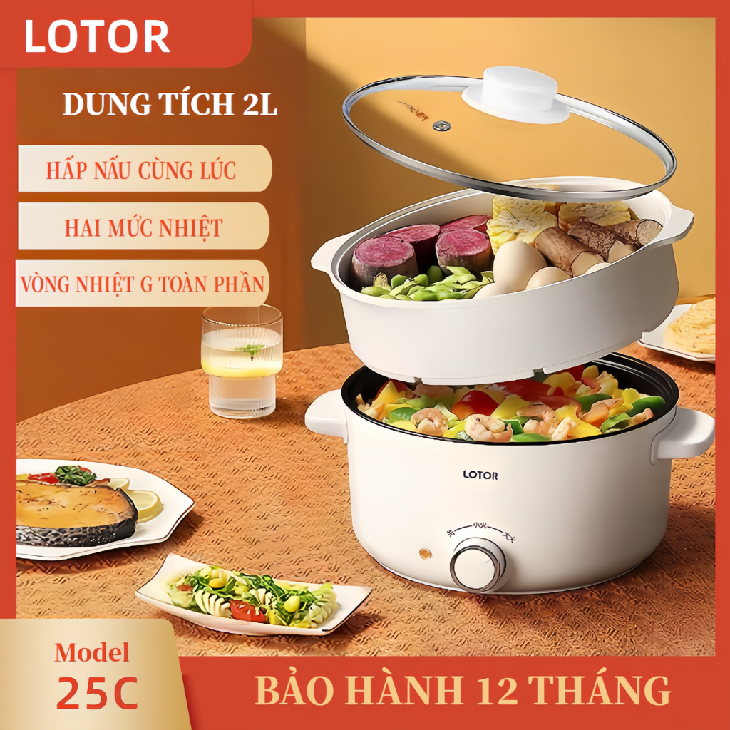 Nồi Điện Đa Năng LOTOR, Nồi Lẩu Điện kèm khay hấp 900W dung tích 2L, vòng nhiệt G dẫn nhiệt nhanh