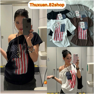 Áo Thun Nữ Lệch Vai , Áo Lệch Vai Nữ In Cờ Mỹ Form Rộng, Áo thun lệch vai phong cách Y2K cá tính năng động