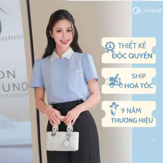 Áo sơ mi nữ công sở cổ trắng phối túi ngực đính nơ thanh lịch Charme Store 506018