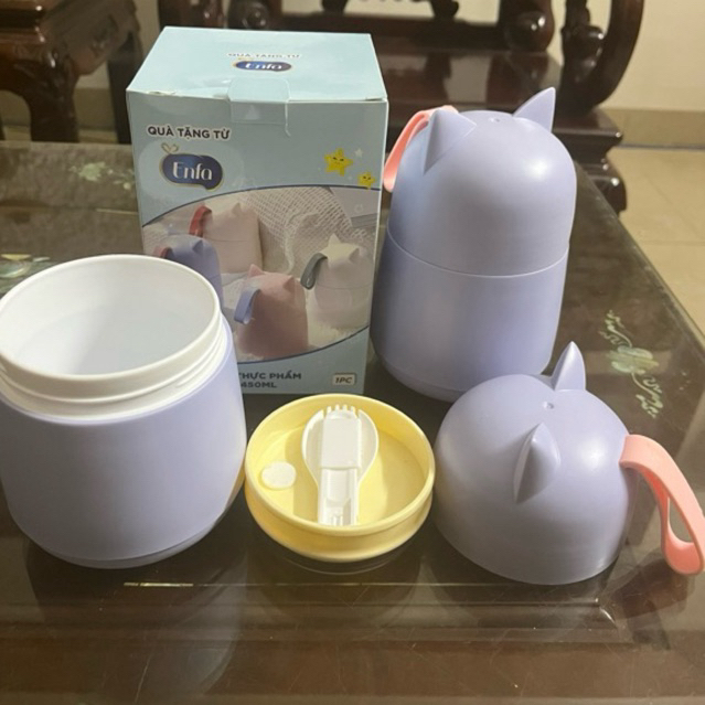 cốc ca hộp đựng cháo súp thực phẩm 450ml cho bé kèm muỗng bằng nhựa cách nhiệt 2 lớp enfa🏆🏆freeship🚃