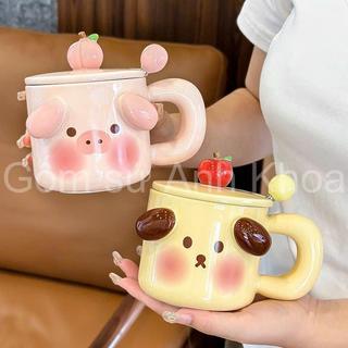 Cốc Uống Nước có nắp và thìa cho bé Cốc Sứ kèm hộp Decor Chịu Nhiệt, gốm sứ an toàn cốc heo và cún xinh yêu Gomsudecor21