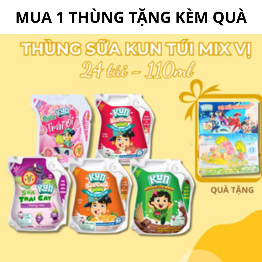 [MUA 1THÙNG TẶNG 1 QUÀ] Thùng 24 túi Mix đủ 5 vị Sữa Chua Uống KUN túi 110ml