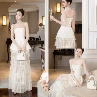 Set bộ taffa nơ lưng sau + chân váy ren tầng kem be