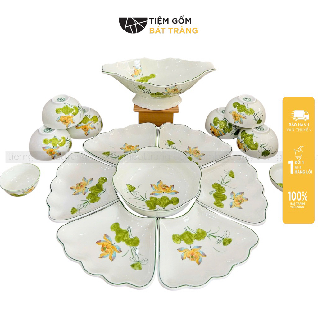 Bộ Bát Đĩa Hoa Mặt Trời Cúng Gia Tiên Chén Dĩa Sứ Men Kem Hoạ Tiết Vẽ Tay Sen Cam LÀm Quà Tặng Ý Ngh