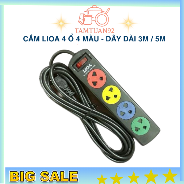 Ổ Cắm Điện LIOA 3 Chân Dây Dài 5m, Ổ Cắm Điện 4 Ổ Cắm 3m/5m