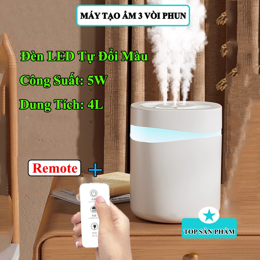 Máy Tạo Ẩm 4L 3 Vòi Phun – Có Remote Điều Khiển, Đèn LED Đổi Màu, Phù Hợp Phòng Máy Lạnh/Văn Phòng