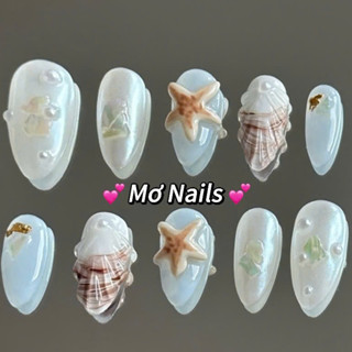 (Tặng hộp,keo) Nail Box Thiết Kế Móng Úp, Mong Giả Xanh Biển Vẽ Vỏ Sò Sao Biển Nổi Mùa Hè M28