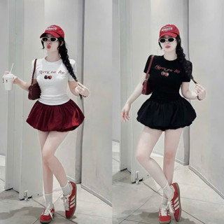 Set đồ nữ áo thun tăm croptop phối chân váy bí cotton lụa có quần lót trong