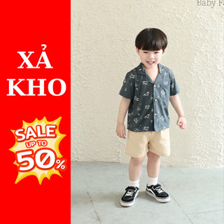Bộ cotton xược in tràn ô tô cho bé trai Borie áo thiết kế cổ vest phối quần short mềm mại đứng form A023