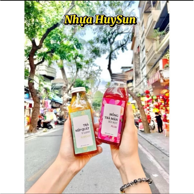 Sỉ 50 Chai Nhựa Tròn, Vuông Vát 330ml Miệng Rộng. Chai Kèm Nắp