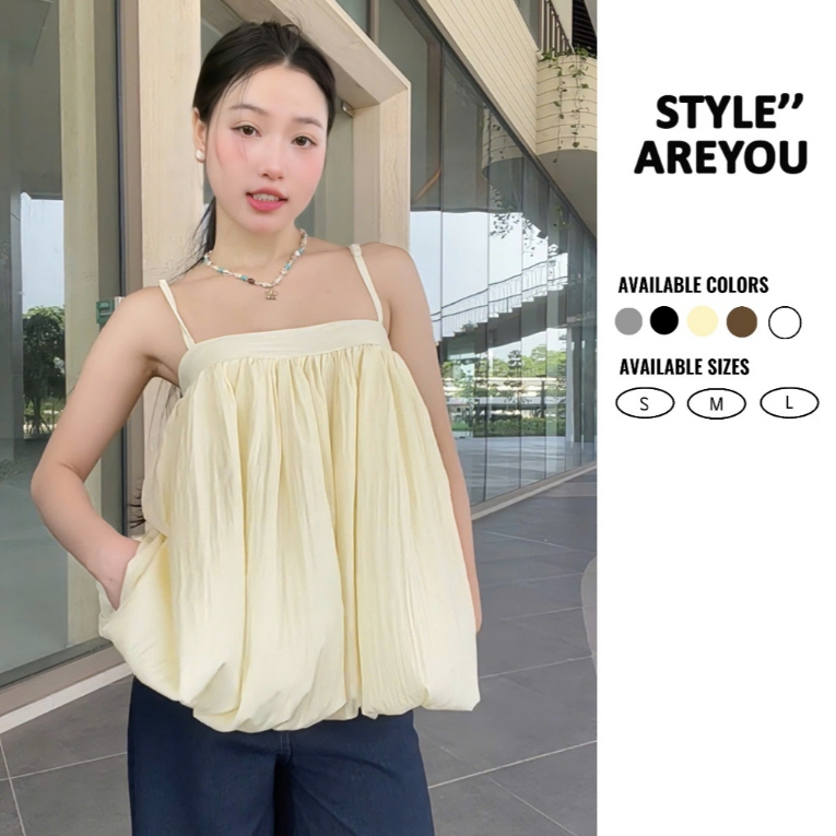 Áo Bí Babydoll Hai Dây Thiết Kế Basic Style Are You, Áo kiểu nữ chất liệu gió nhăn cao cấp lên form 