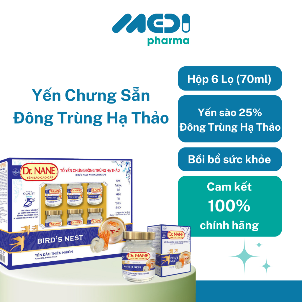 Yến chưng đông trùng hạ thảo – Dr. NANE (25% Yến Sào) - Hộp 6 Lọ 70ml