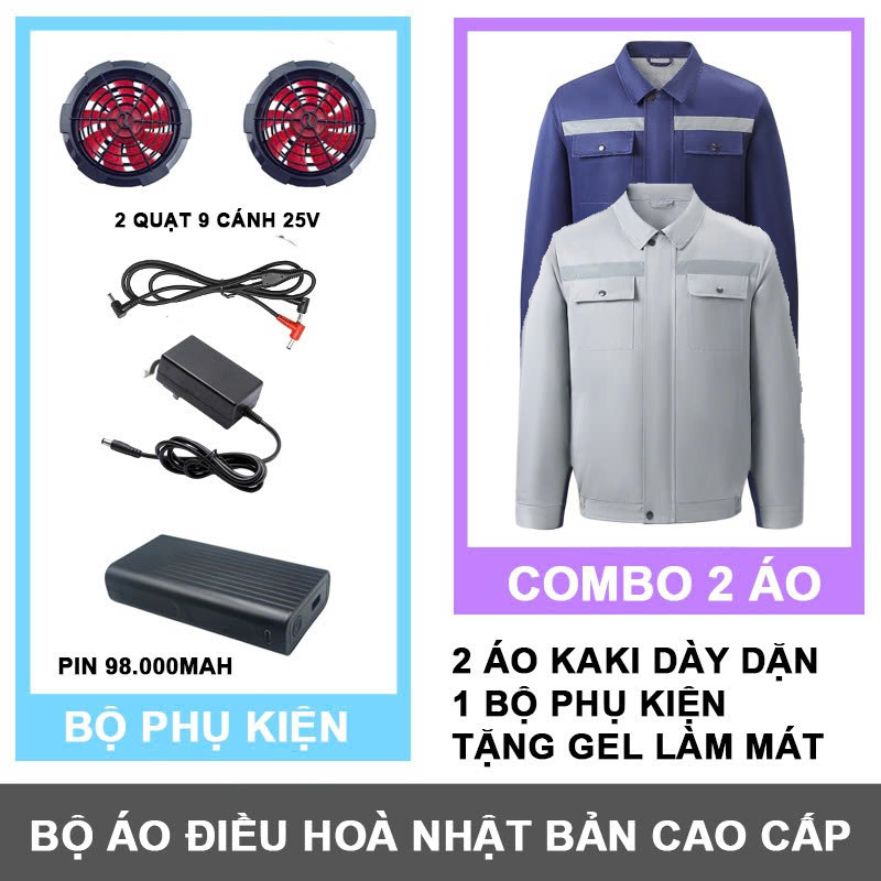 Combo 2 Áo + 1 Bộ Phụ Kiện Quạt Áo Điều Hoà Nhật Bản Cao Cấp, 98.000mAh, Quạt 9 Cánh 24V Không Chổi Than