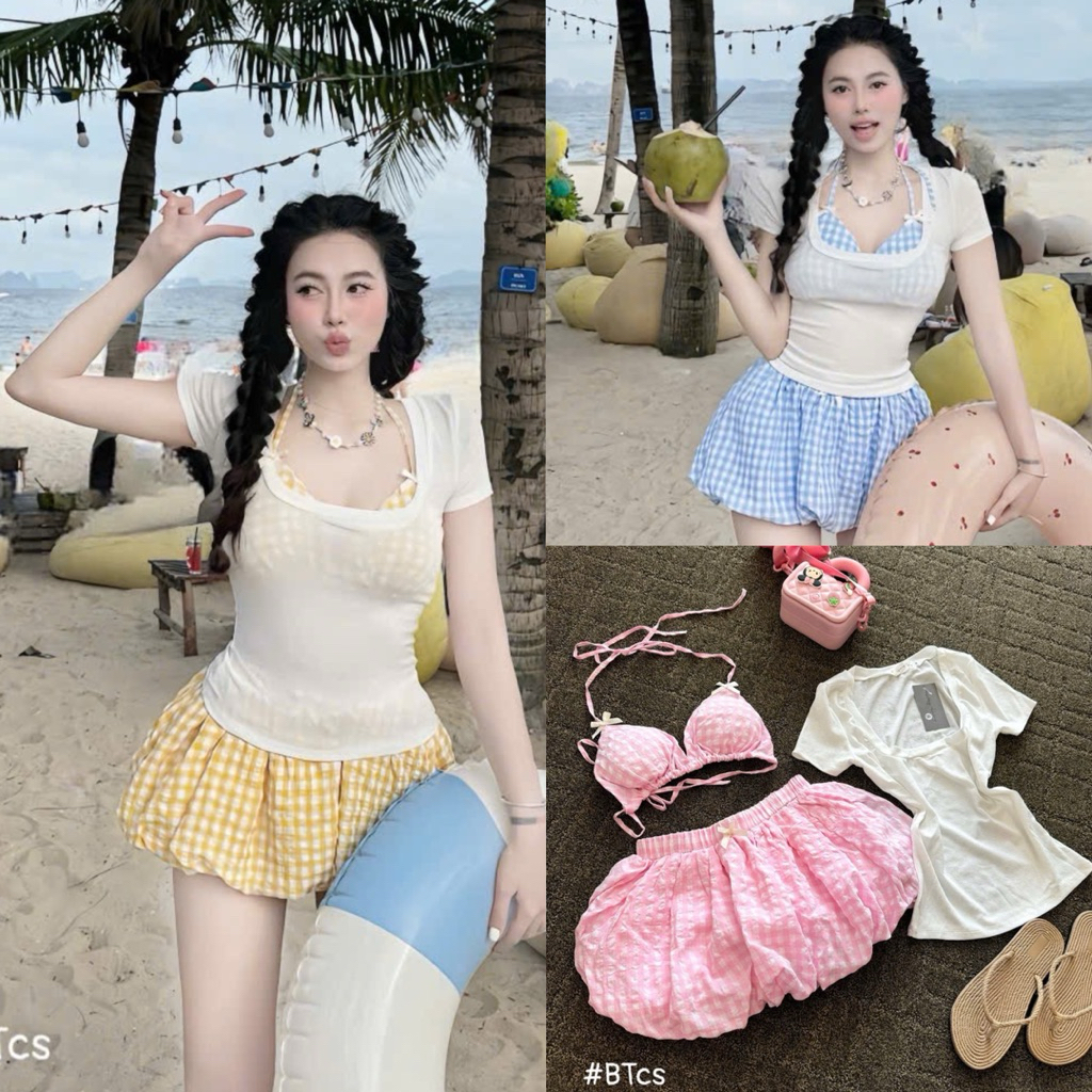 Set Bikini Áo Thun Tay Cộc + Áo Bra + Quần Bí Caro Đính Nơ Kieupham.shop