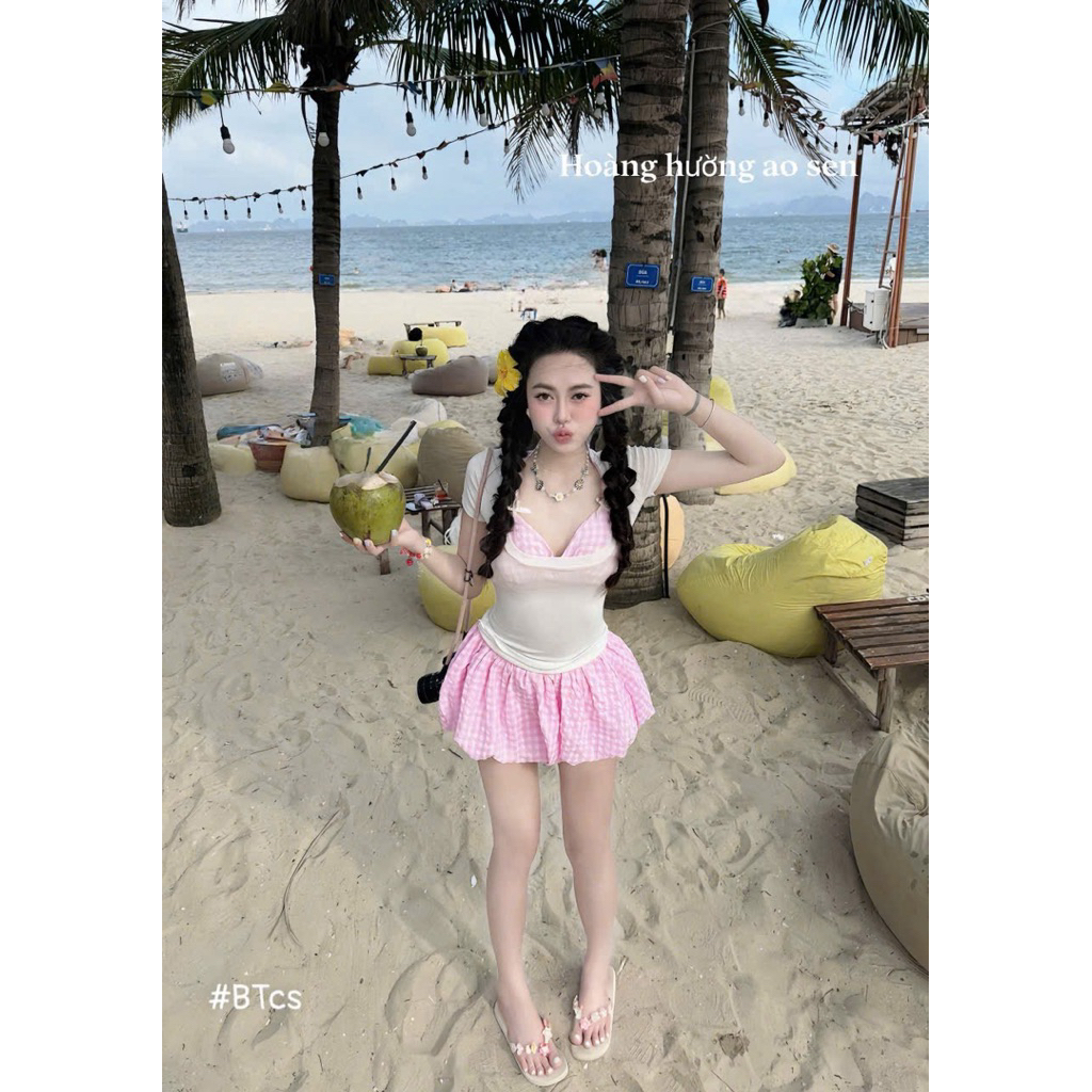 Set Bikini Áo Thun Tay Cộc + Áo Bra + Quần Bí Caro Đính Nơ Kieupham.shop | BigBuy360 - bigbuy360.vn