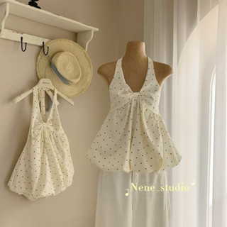 Áo Kiểu Yếm Nơ Ngực Hoạ Tiết Chấm bi Siêu xinh Form Bí Phồng Chun Lưng Co Giãn-3 màu be,trắng,đen-Dành Cho Nữ