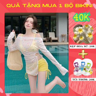 Đồ bơi kín đáo 2 mảnh cho nữ set 4 món bikini áo kèm quần có áo thun và quây quấn màu sắc hoa SET 3 HOA NHÍ VÀNG