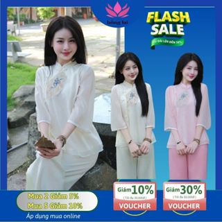 Bộ Lam Vải Voan Cổ Tàu Thêu Hoa Mặc Đi Lễ Chùa, Pháp Phục Đi Chùa Nữ - S03